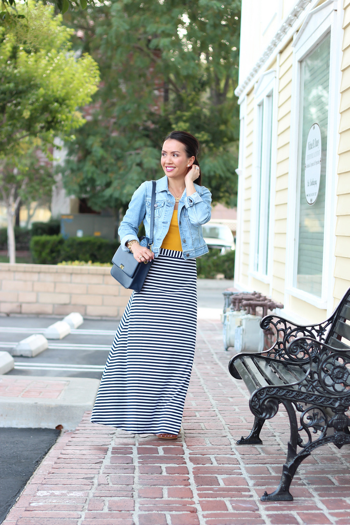 Casual Weekend Wear: Petite Striped Maxi Skirt   Denim Jacket ...