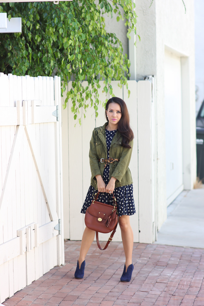 Polka Dots, Utility Jacket and Navy Suede Booties (Plus Macy&#39;s VIP Sale) | Stylish Petite