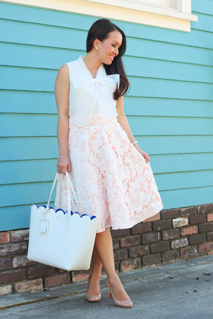 Easter Outfit Ideas: Pink Lace Midi Skirt, Bows and 