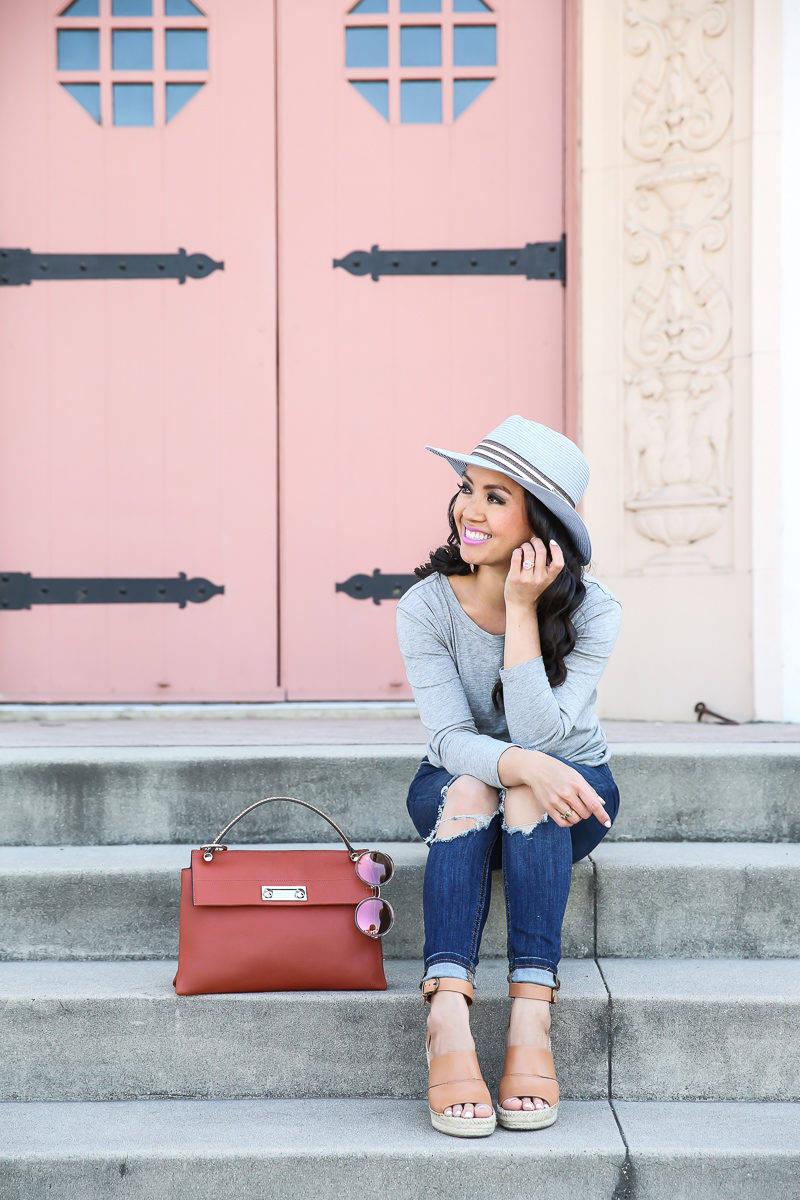 cognac purse gray shirt distressed denim cognac espadrille sandals spring casual outfit