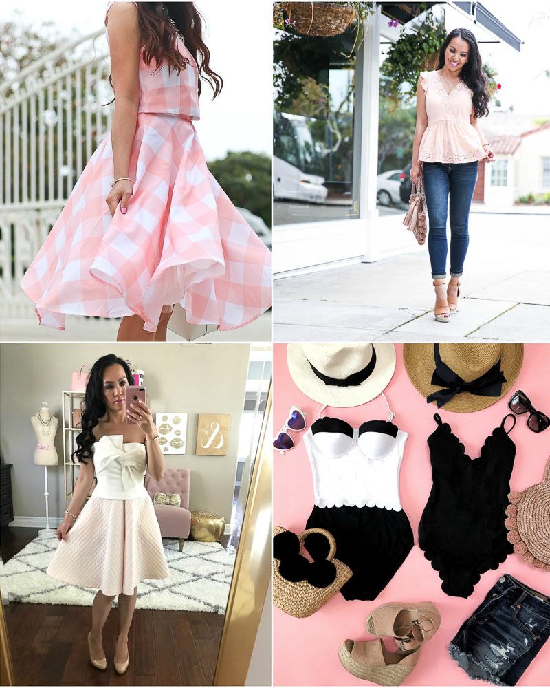 bow knot top scalloped one piece swimsuits peplum top gingham check skirt