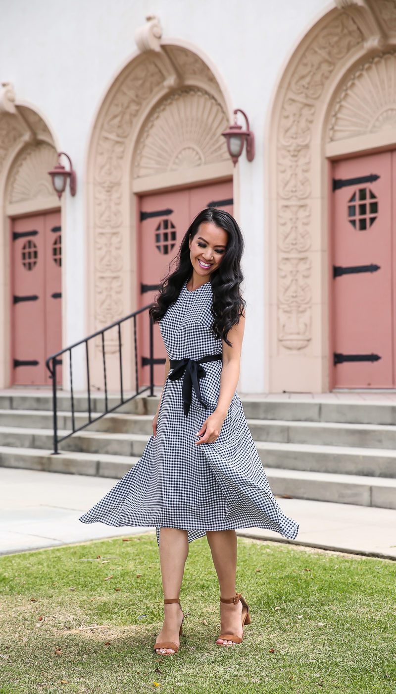 gingham dress packable straw tote lemon silk scarf