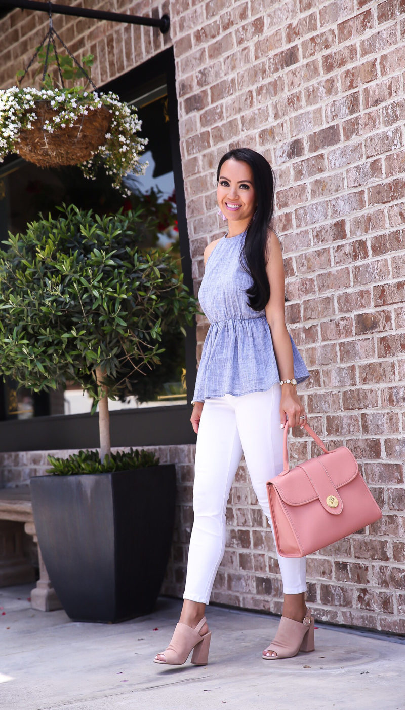 chambray peplum halter top white jeans neutral sandals