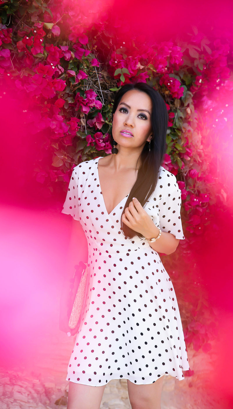 polka dot dress pom pom clutch summer spring outfit
