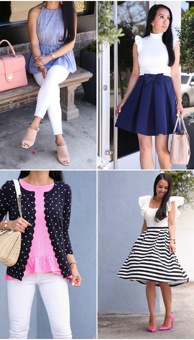summer outfits polka dot scalloped cardigan striped midi skirt ruffle bodysuit
