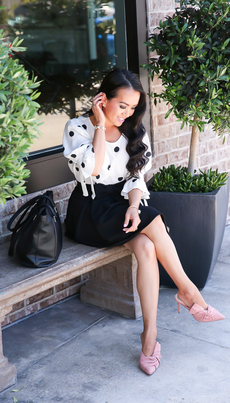 bow mules pleated bow skirt polkdot top summer work outfit