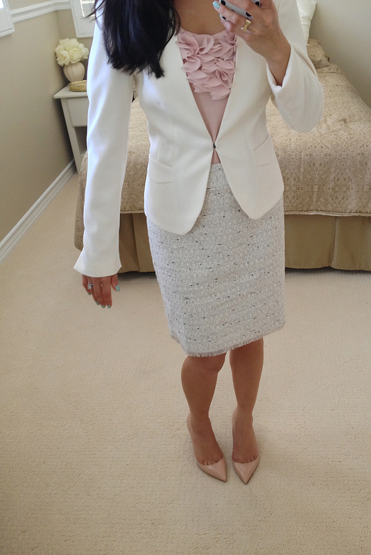 Ann Taylor tweed skirt H&M white collarless blazer ruffle chiffon top nude louboutin pigalle pumps