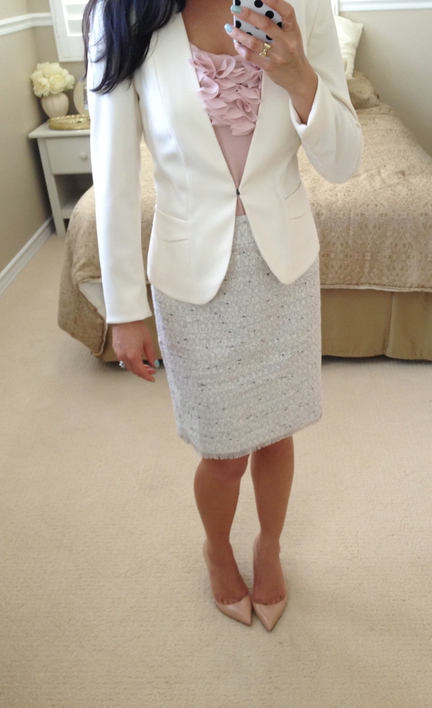 Ann Taylor tweed skirt H&M white collarless blazer ruffle chiffon top nude louboutin pigalle pumps