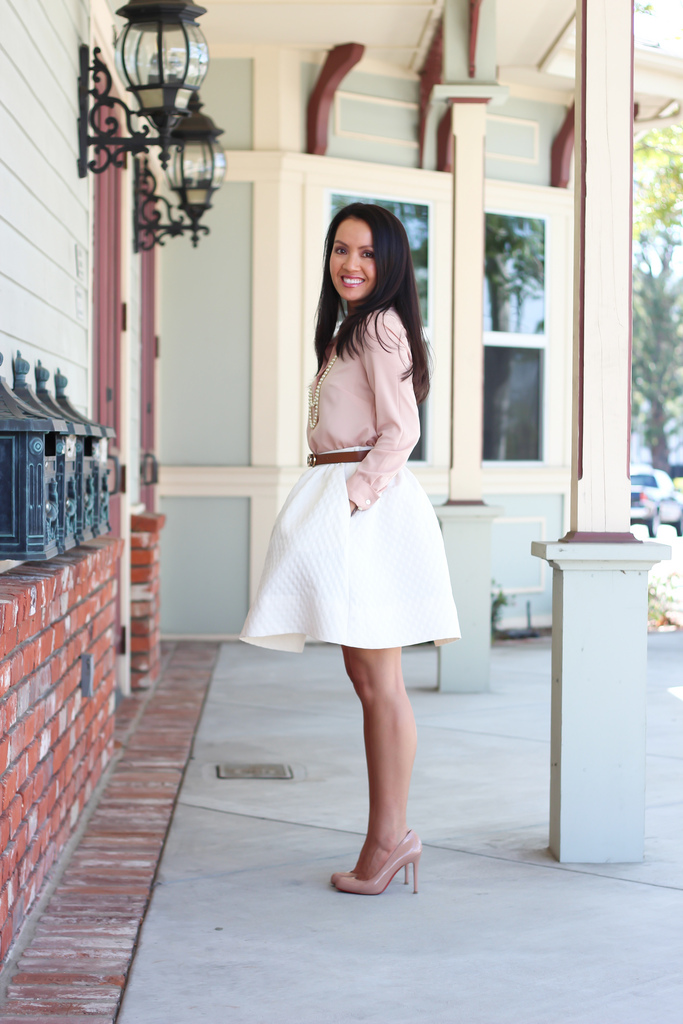 H&M White Flared Skirt + Blush Blouse