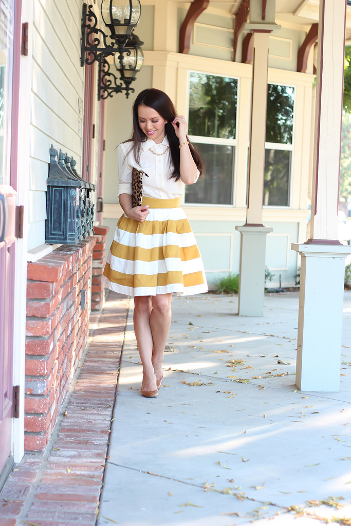 eShakti Mustard Stripe Skirt + Cream Silk Blouse16