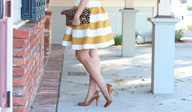 eShakti Mustard Stripe Skirt + Cream Silk Blouse01
