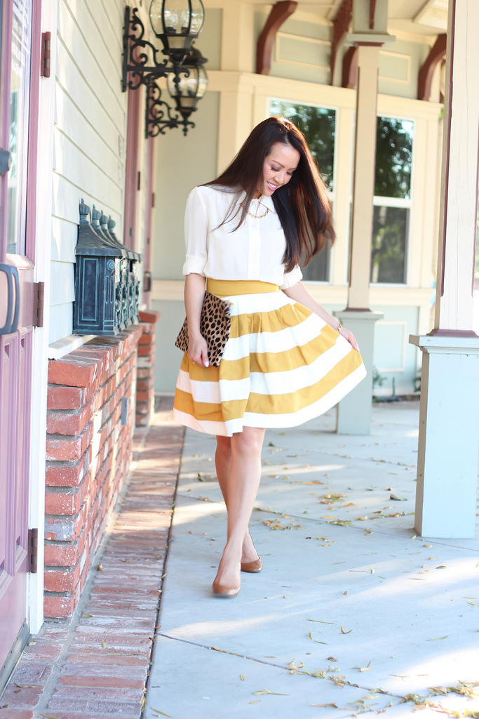 eShakti Mustard Stripe Skirt + Cream Silk Blouse19
