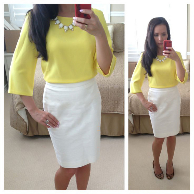 Ann Taylor scalloped yellow top White pencil skirt leopard pumps cabochon necklace