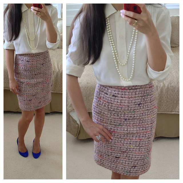 Ann Taylor tweed pencil skirt Jcrew mona blue suede pumps 60" rope pearl necklace Tory Burch silk blouse