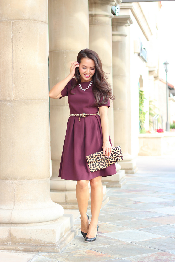 burgundy dress with leopard shoes
