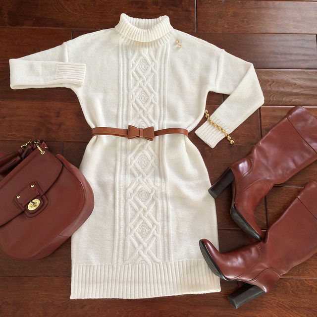Ann Taylor Cable Knit Sweater Dress Outfit Layout