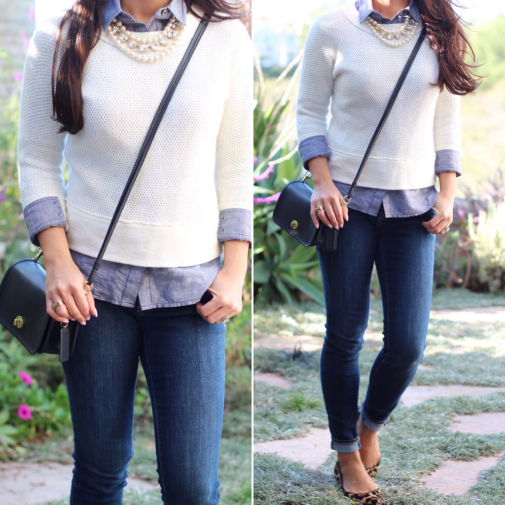 Casual Chambray layers and Navy Coach Crossbody