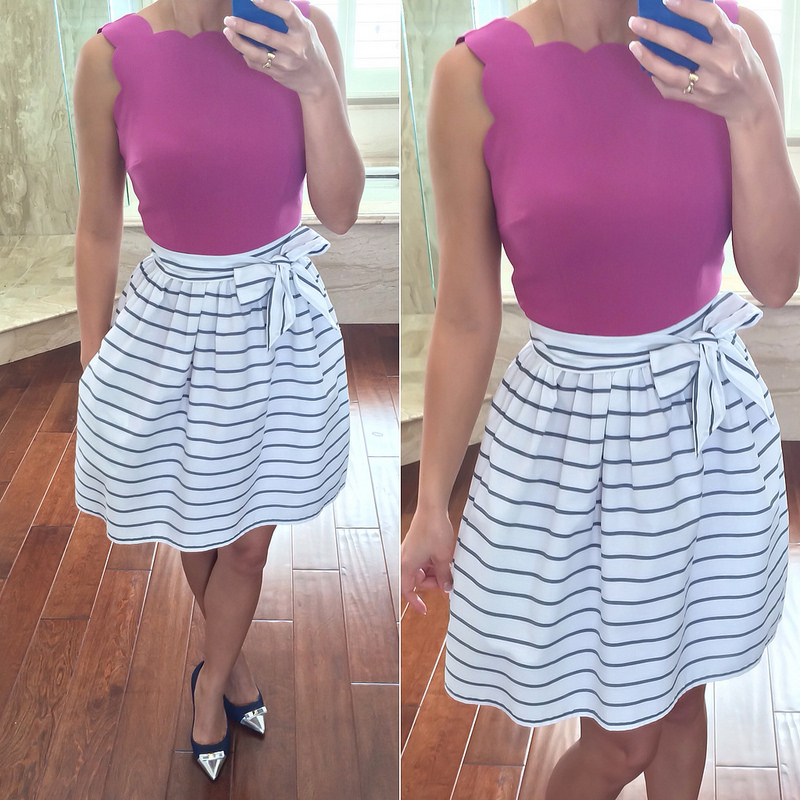 LOFT Scalloped Bodice Dress and Striped Skirt with Bow Sash