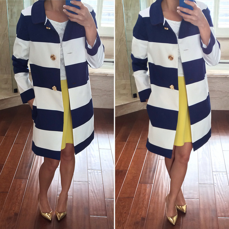 Kate Spade Franny Coat with Bow Back yellow ponte skirt gold metallic pumps
