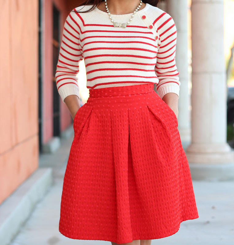 H&M Textured Dot Flare Skirt and Nautical Red Stripes-6