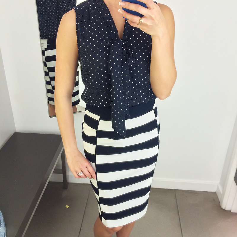 H&M Navy Polka Dot and Striped Skirt Tie Neck Blouse