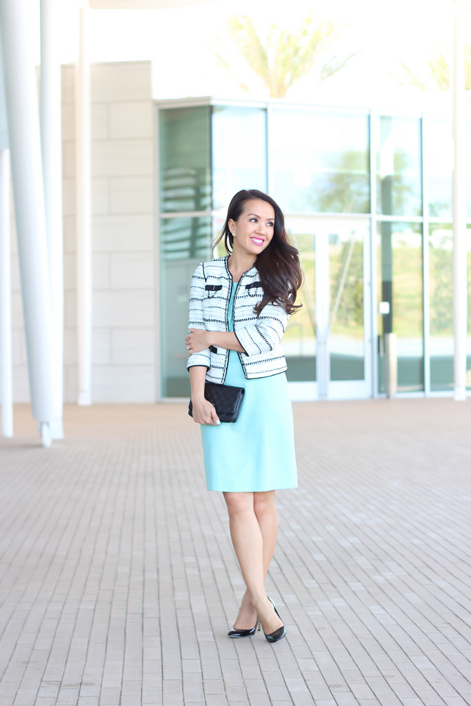 Spring Work Outfit: Mint and Chanel-esque Tweed Jacket (plus YSL pink  lipsticks) - Stylish Petite