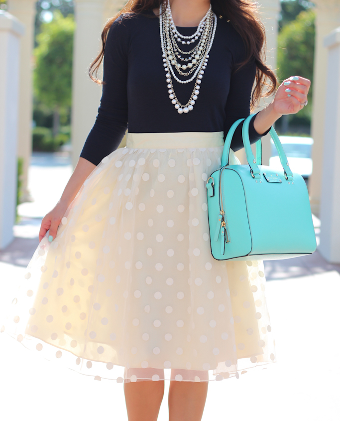 Space 46 Boutique polka dot tulle skirt Jcrew vintage navy tee Halogen bow suede pumps Ann Taylor statement crystal pearl necklace Kate Spade mint purse