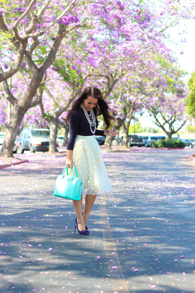 Space 46 Boutique polka dot tulle skirt Jcrew vintage navy tee Halogen bow suede pumps Ann Taylor statement crystal pearl necklace Kate Spade mint purse