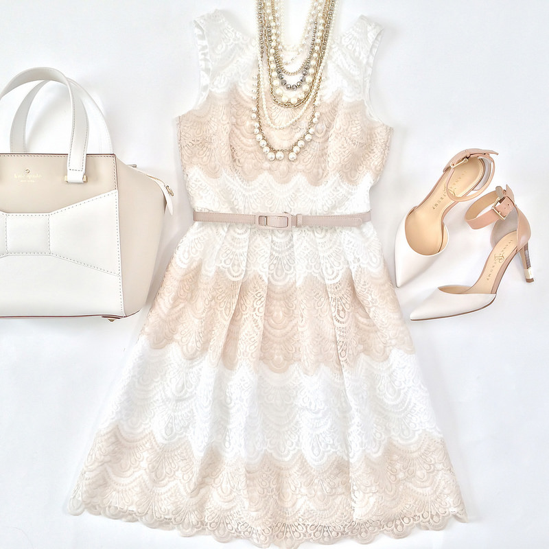 OUTFIT LAYOUT- White House Black Market Striped Lace Fit & Flare Dress -