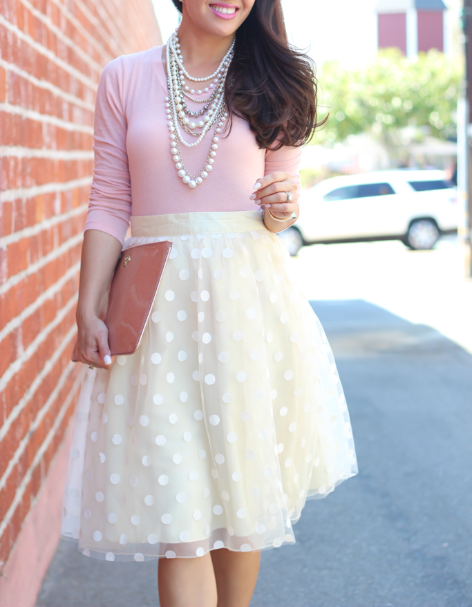 Space 46 Boutique polka dot tulle skirt Jcrew blush tissue tee Louboutin pigalle nude pumps Ann Taylor crystal pearl statement necklace