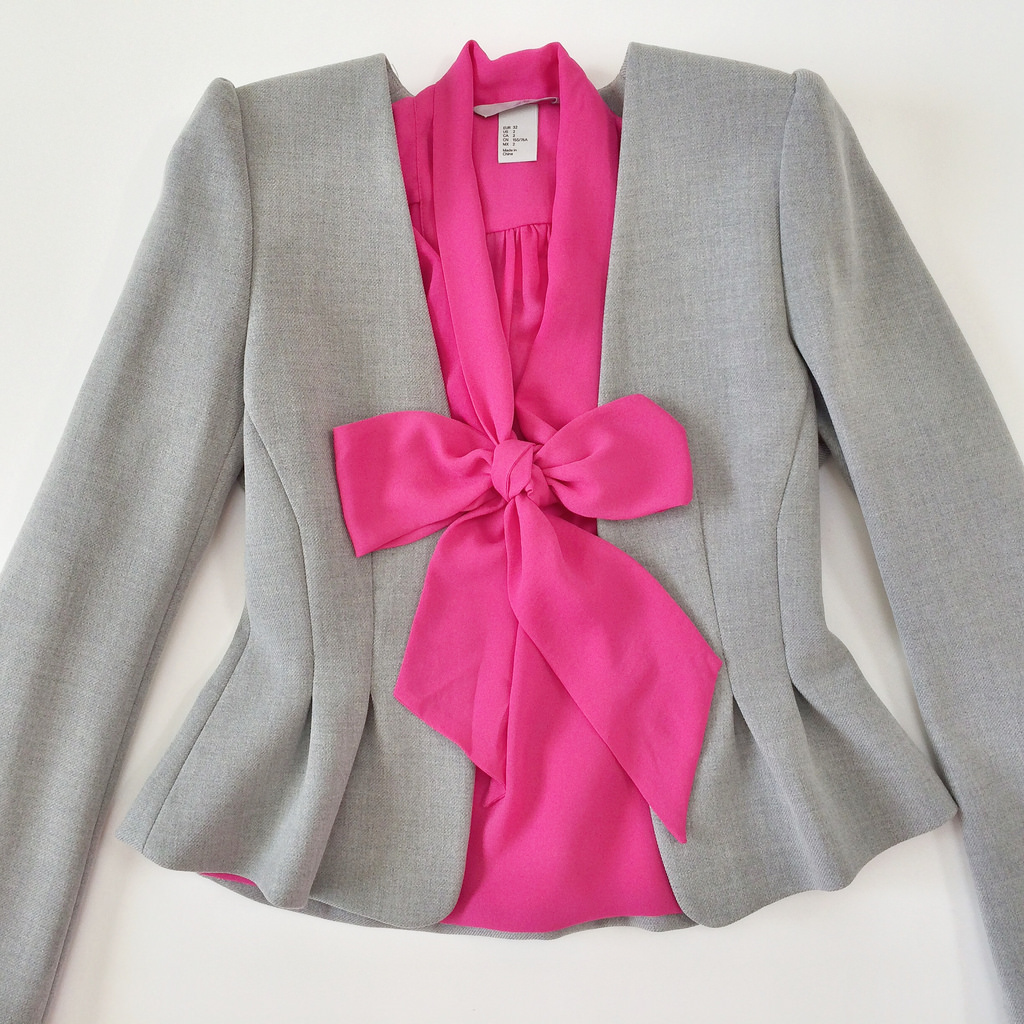 H&M Gray Ruched Blazer and Pink Bow Blouse