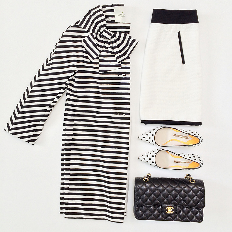 Outfit Layout - KS bow striped coat and Ann Taylor contrast skirt