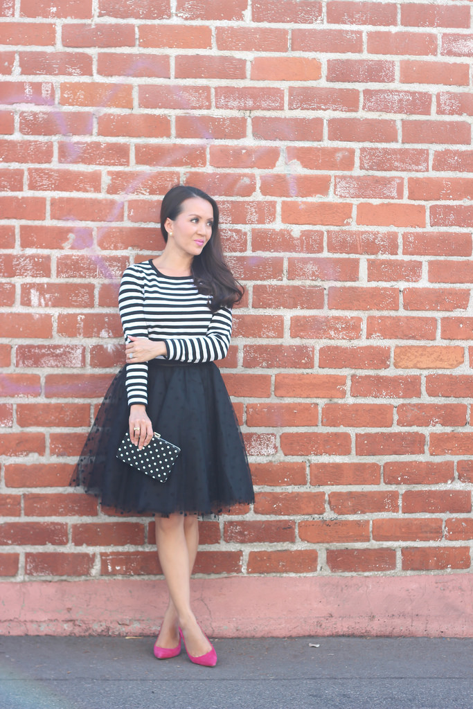 Space 46 Boutique Black Polkadot Tulle and Striped Sweater-2
