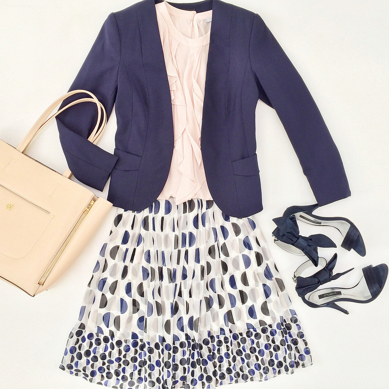 Outfit layout - Whbm polka dot skirt and bow pumps