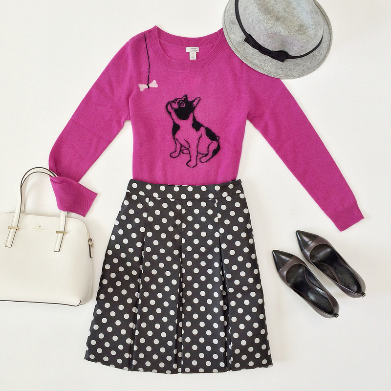 Outfit layout - pink french bulldot sweater and polkadot midi