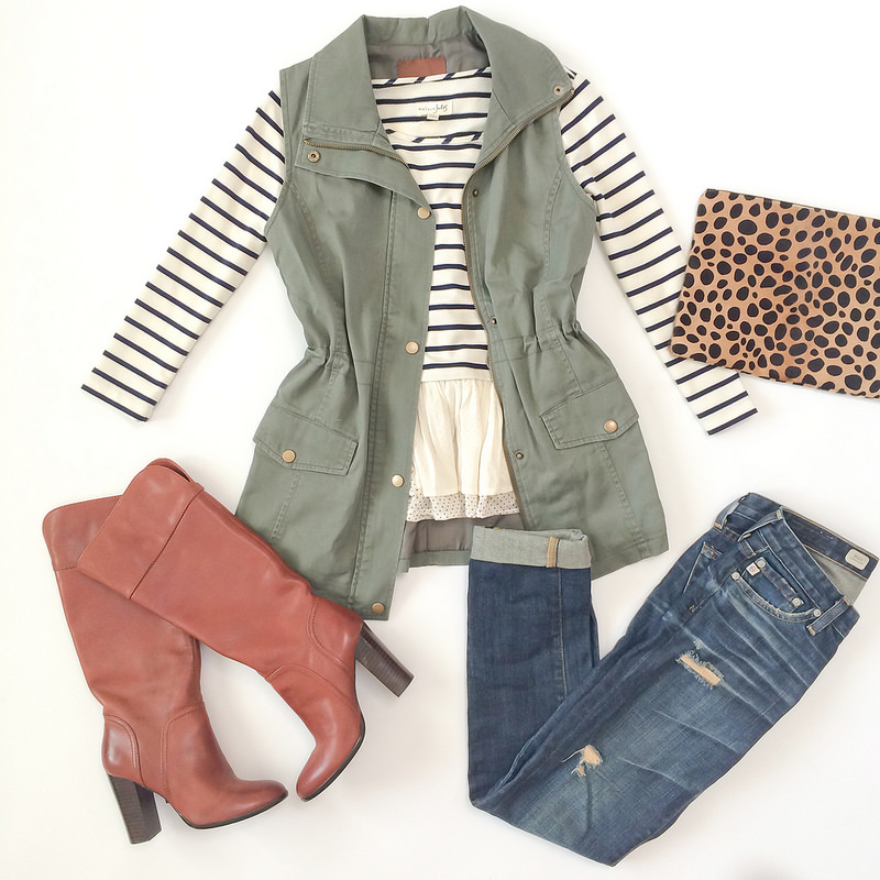 Outfit layout - olive vest and leopard