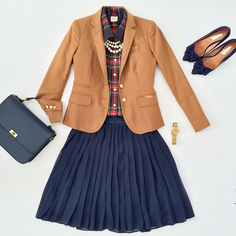 Outfit layout - preppy plaid and pleats