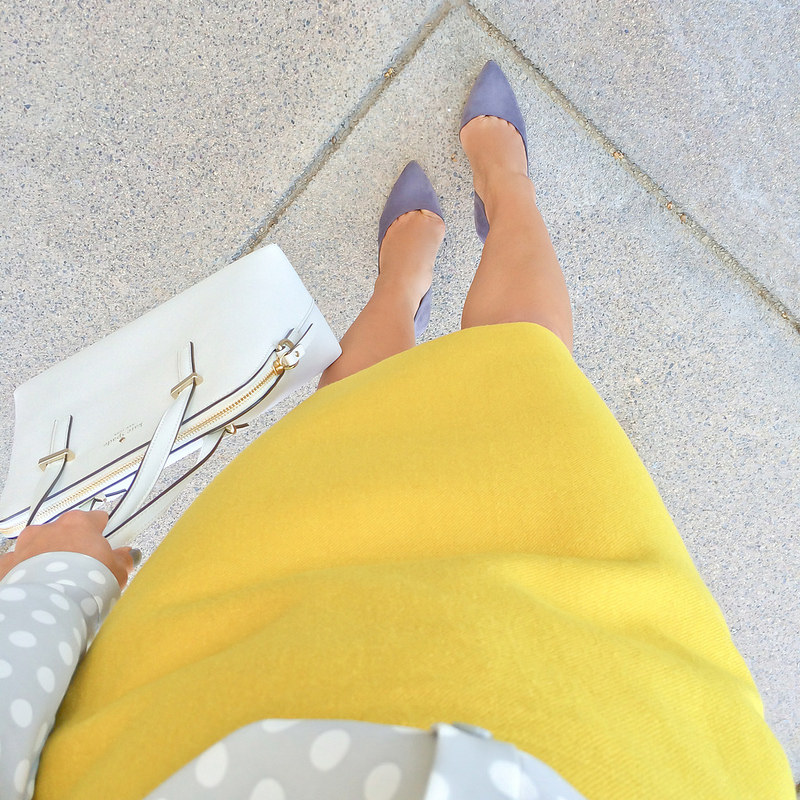 FWIS - mustard pencil skirt and gray dots