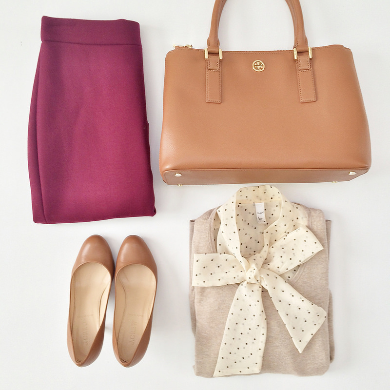 Outfit Layout - burgundy skirt and tie neck blouse