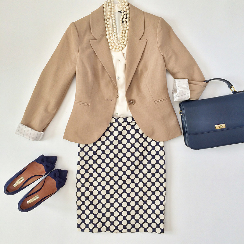 Outfit Layout - polkadot pencil skirt and camel blazer