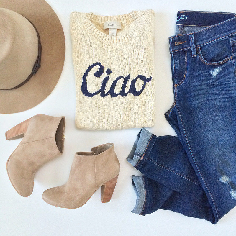 Outfit Layout - Ciao sweater and suede booties