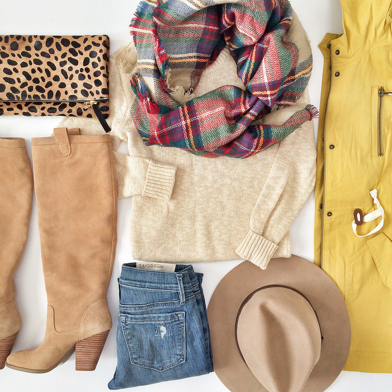 Outfit Layout - mustard anorak and plaid