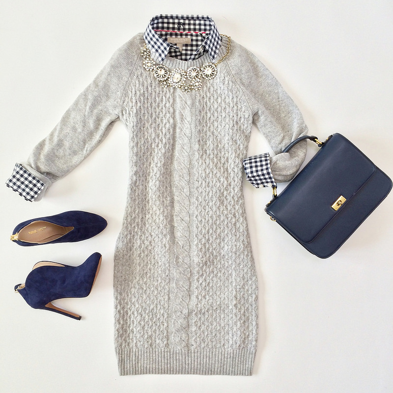 Outfit Layout - Grey Cable Sweater Dress and Gingham