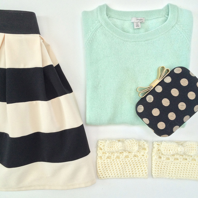 Modcloth Stripe It Lucky Skirt and Talbots Bow-Topped polka dot jacquard clutch
