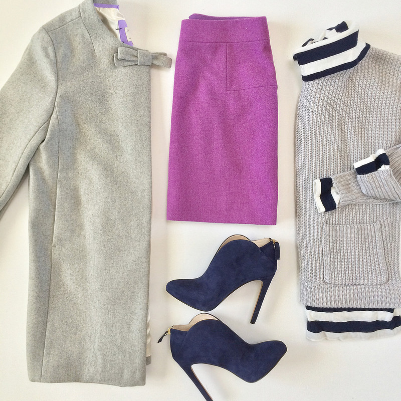 Outfit Layout - J.Crew cuts melton bow coat, Nine West booties and Ann Taylor cozy pocket sweater