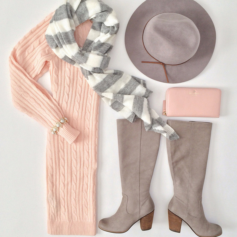 Outfit Layout - Forever 21 cable knit sweater dress, BP. Transit Tall Boots and CLassic Striped scarf