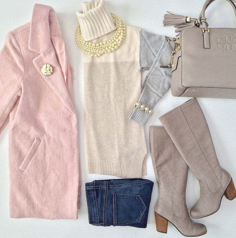 Outfit Layout - Forever 21 Pink Coat, Ann Taylor poncho, Paige denim, BP. Transit tall boots
