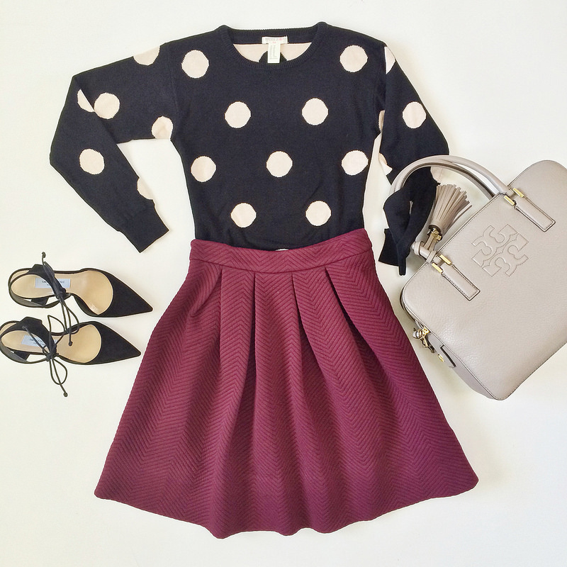 Outfit Layout - Forever 21 burgundy pleated matelasse skirt and polka dot sweater