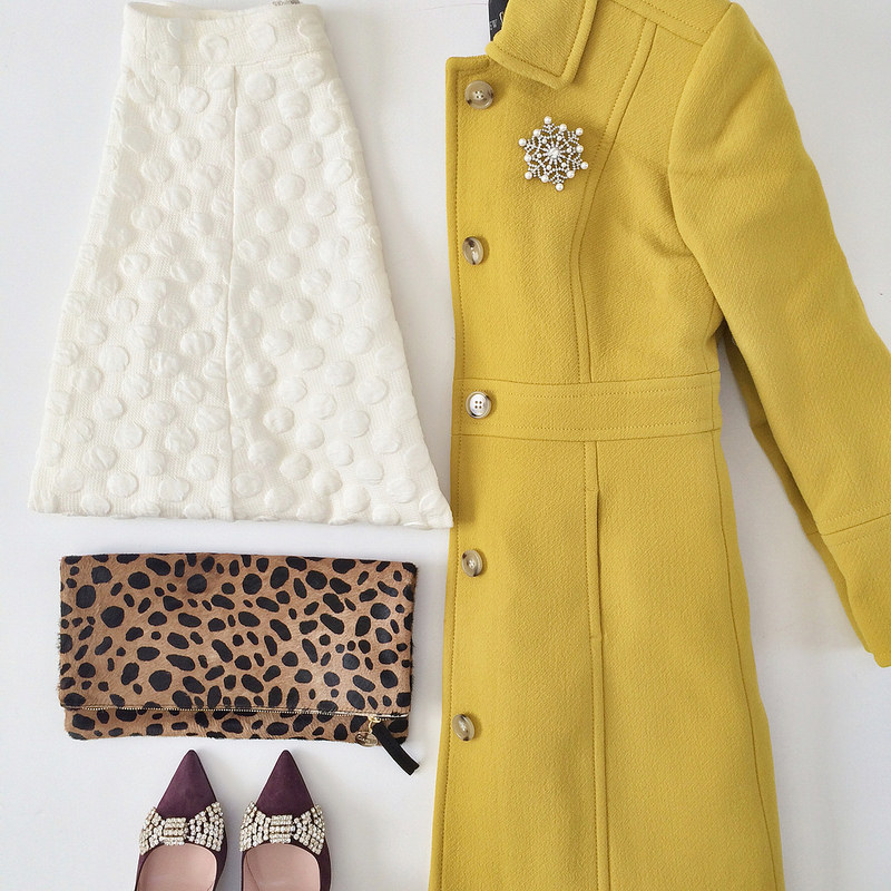 Anthropologie Dotted Jacquard Skirt and J.Crew double cloth lady day in deep chartruese
