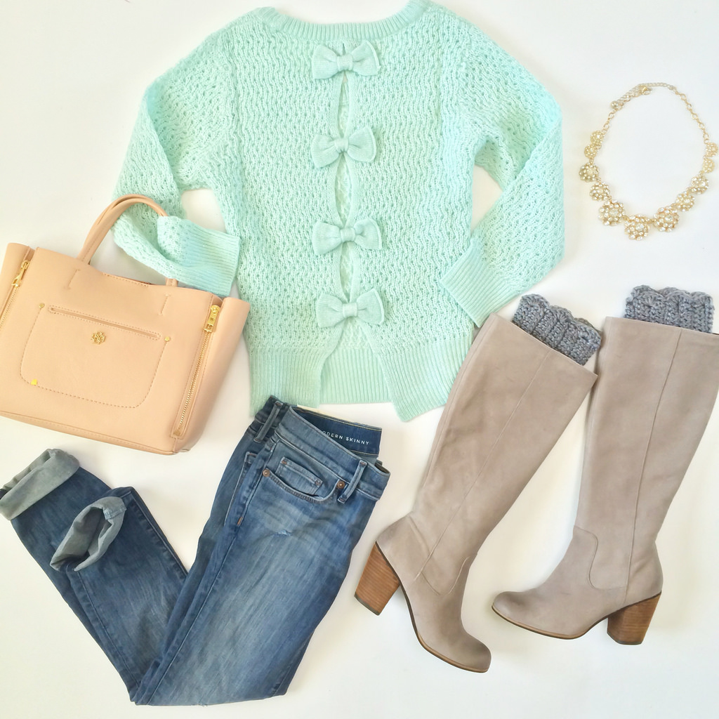 Outfit Layout - Delias Bow Back Pullover Sweater and Scalloped Boot Socks
